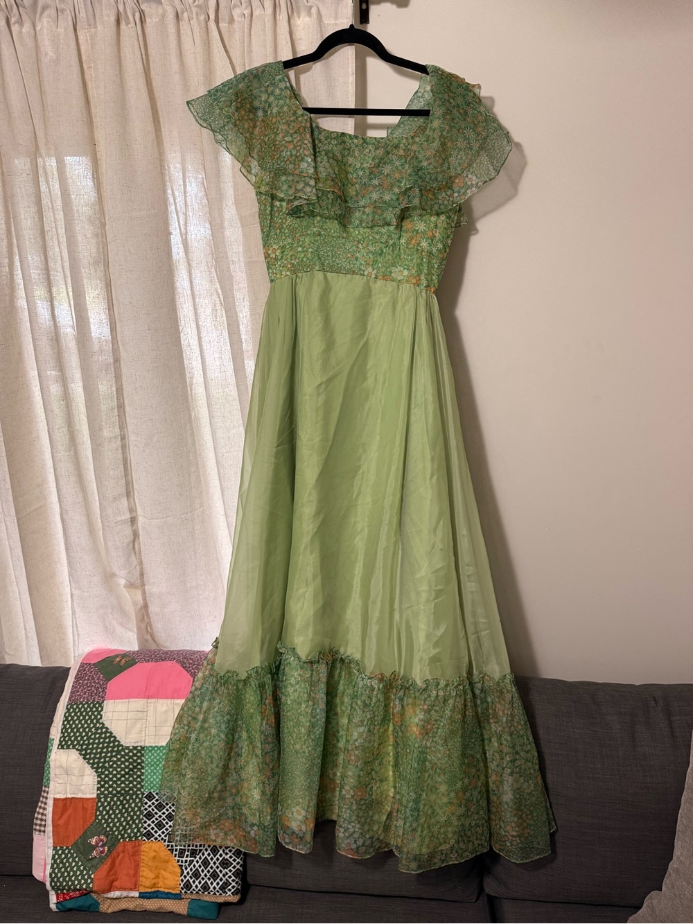 Vintage Light Green Ruffle-Trim Maxi Dress - Picture 2 of 9